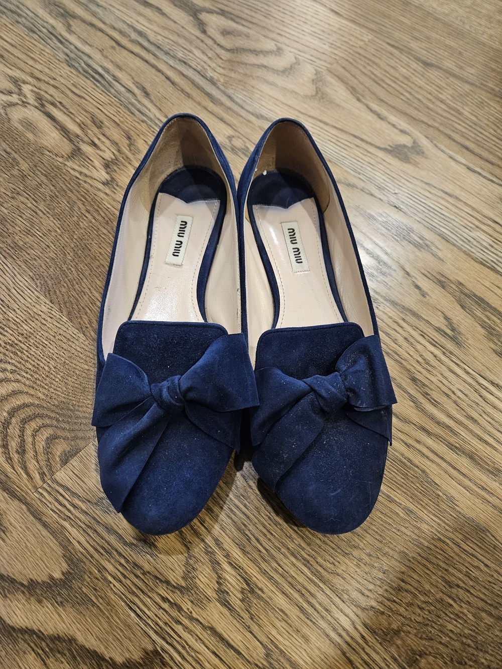 Miu Miu Dark BLUE Navy SUEDE Flats Shoes Loafers Crystal encrusted heel 38.5
